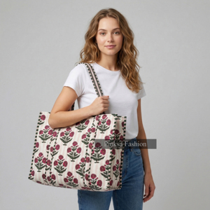 Bolso Tote Acolchado con Estampado Floral Rosa Indio, 100% Algodón, para Mujer, Grande, Venta al Por Mayor, Fabricante Personalizado - Product Image 1