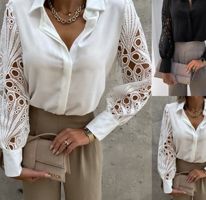 Women's New Fashion Midi Natural Waist Lace Bow Button Hollow Out <b>Patchwork</b> Long Sleeve Solid Color Casual <b>Tops</b> - Product Image 2