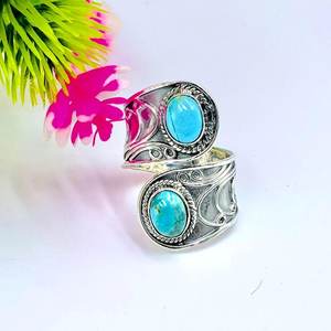 925 Sterling <b>Silver</b> Turquoise Bypass <b>Ring</b> Double Oval Gemstone Boho <b>Statement</b> Jewelry - Product Image 6