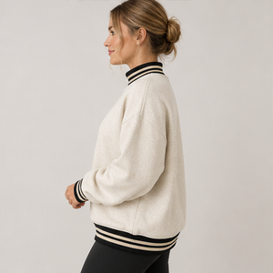 Women's Oatmeal Mock Neck <b>Sweatshirt</b> with <b>White</b> Striped Trim Varsity Letters Long Sleeve Custom Logo - Product Image 2