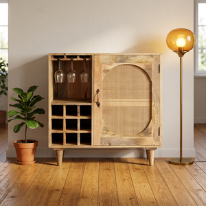 Midcentury Modern Wood <b>Bar</b> <b>Cabinet</b> with Rattan Door Panel Tapered Legs Mango Wood Home <b>Bar</b> Storage Unit - Product Image 6