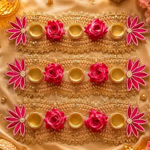 Support de bougie ovale doré avec roses roses et broderie florale pour la décoration de mariage et de la maison - Product Image 2