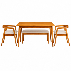 Ensemble de salle à manger moderne scandinave en teck massif de qualité supérieure, 3 pièces, table, 2 chaises, 1 banc, meubles de salle à manger pour la maison - Product Image 3