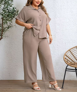 Women 2-Piece Set Solid Color Short Sleeve Top With Button Front Loose Fit Wide Leg Pants Casual Spring Summer Wear - Product Image 4
