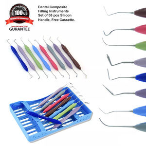 Kit d'instruments manuels pour composites dentaires 8 pièces, manche en silicone, cassette offerte, plusieurs couleurs, Classe I, certifié CE, 3 mors - Product Image 1