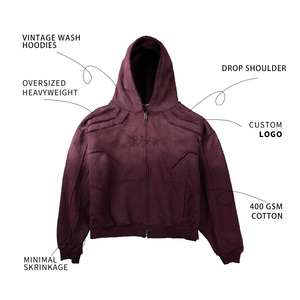 Men' s Embroidered Hoodies Cotton Custom Logo <b>Drop</b> Shoulder Patchwork Oversized Heavyweight <b>Acid</b> Wash Zip up Boxy Hoodie for Men - Product Image 3