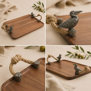 Plateau de service Pelican en bois d'acacia artisanal de luxe avec poignées en corde marine et accents en étain pour la restauration fine et les articles cadeaux - Product Image 2