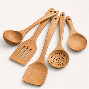 Juego de Utensilios de Cocina de Madera de Teca Natural Ecológica de 5 Piezas, Venta al Por Mayor de Fábrica, Logotipo Personalizado, Cucharas y Espátulas de Madera Antiadherentes para Cocina - Product Image 1