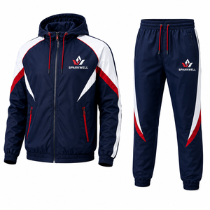 Custom <b>Men</b> Navy Red <b>White</b> Color Block Hooded Tracksuit Full Zip <b>Jacket</b> Drawstring Pants Polyester Regular Fit Autumn Sportswear - Product Image 1