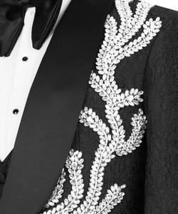 <b>Men</b>’s Black Designer Embroidered Wedding Tuxedo <b>Jacket</b> – Slim Fit Shawl Lapel Blazer with <b>White</b> Crystal Floral Work for Groom - Product Image 4
