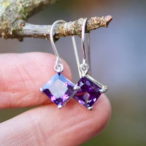 Boucles d'oreilles en améthyste taille Asscher, argent sterling 925, vintage, luxueuses, élégantes, cadeau pour femme, mariage, fête - Product Image 1