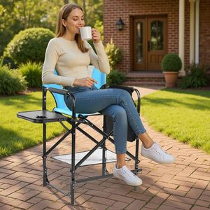 26-Inch <b>Tall</b> Directors Chair with Footrest Portable 4-Bar Height Folding Camping Chair with Cup Holder Side <b>Table</b> Storage - Product Image 5