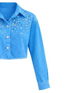 Veste en jean courte bleue personnalisée pour femme avec boutons sur les épaules ornés de strass, manches longues, style décontracté streetwear - Product Image 4