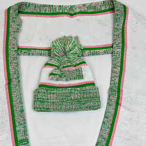 ชุดผ้าพันคอไหมพรมยาวพรีเมียมสีขาว AKA พร้อมหมวกปอมปอมลายทางสีเขียวแอปเปิ้ล 100% อะคริลิก ชุดสำหรับฤดูหนาว - Product Image 4