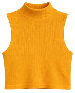 Top Corto Personalizado Amarillo Mostaza con Cuello Alto y Canalé, Sin Mangas, Ajustado, Elástico, Informal, para Mujer, Chaleco de Moda de Verano - Product Image 1