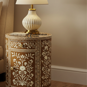 Luxury Modern Floral Bone Inlay <b>Bedside</b> <b>Table</b> Handcrafted <b>Round</b> Wood Nightstand with 2 Drawers - Product Image 3