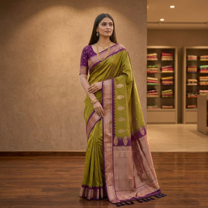 Magnifique sari en soie verte avec bordure violette et tissage Zari, tenue de mariage traditionnelle pour femmes, style Inde Pakistan. - Product Image 1