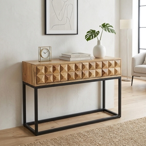 Dice Console Modern Industrial Solid Wood Entryway <b>Table</b> With 3D Geometric Carved Drawers And Black Metal Legs Living Room Decor - Product Image 5