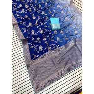 SOIRÉE DOLA SOIE ZARI TISSANT TRAVAIL SAREE AVEC CHEMISIER NON COUDU BLEU - Product Image 1
