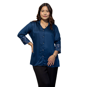 Camisa Azul de Algodón Giza para Mujer, Prenda Elegante de Primera Calidad, Venta al Por Mayor - Product Image 1