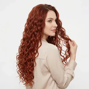 Long Reddish Curly 100% Remy Human Hair Weft <b>Wig</b> Natural Color Full Volume Silk Base Dark <b>Brown</b> Customize Size - Product Image 4
