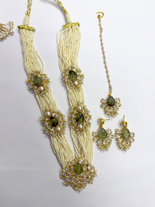 Natural Prehnite Crystals Zircon Pearls Statement Handmade 18K <b>Gold</b> Plated Designer Necklace <b>Set</b> with Dangling Earring Maangtika - Product Image 1