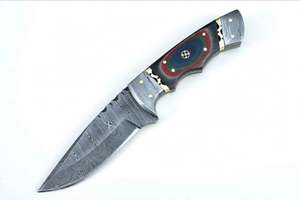Cuchillo de exterior hecho a mano de acero de Damasco con mango de resina multicolor y mosaico, funda de cuero. - Product Image 3