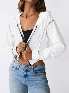 Women's White <b>Cropped</b> Hoodie <b>Zip</b>-<b>Up</b> Sweatshirt Full Sleeve Solid Color Knitted Polyester Spring Wear - Product Image 3