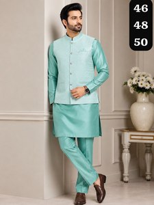 <b>Men's</b> Pink Silk <b>Kurta</b> Pajama Set With Nehru Jacket Traditional Ethnic Wear For Wedding Regular Fit Ankle Length All Seasons - Product Image 2