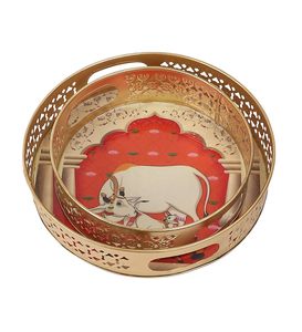 SALEEM INTERNATIONAL INTERNATIONAL German <b>Silver</b> Pichwai Tray Peacock Design Contemporary Party Gifting <b>Set</b> -00900123 - Product Image 3