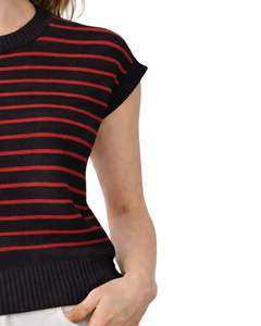 เสื้อกั๊กไหมพรมแขนกุดลายทางสีดำแดงสำหรับผู้หญิง คอกลม น้ำหนักเบา สวมใส่สบายๆ แฟชั่นฤดูร้อนสำหรับผู้หญิง - Product Image 3