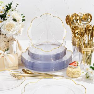 Set di 180 Piatti in Plastica Trasparente Dorata, Stoviglie Usa e Getta Resistenti, Set di Posate in Plastica Trasparente Dorata per Feste - Product Image 1