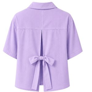 Camisa Corta de Mujer con Bordado de Lavanda Personalizado, Blusa Casual de Verano con Botones y Manga Corta, Mezcla de Lino con Logotipo Personalizado - Product Image 2