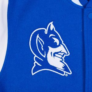 Chaqueta Universitaria Azul Rey y Blanca de los Duke Blue Devils con Logotipo Bordado, Cuello Redondo, para Adultos, Todas las Temporadas, con Ribete en Contraste - Product Image 3