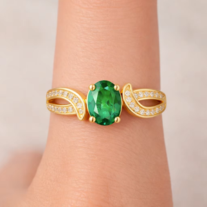 <b>Emerald</b> Color CZ Oval Engagement 925 Sterling <b>Silver</b> Gold Plated Handmade May Birthstone <b>Ring</b> For Women Jewelry - Product Image 1