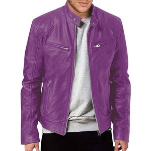 <b>Men's</b> Purple PU Leather <b>Jacket</b> Slim Fit Casual Stand Collar Zipper Closure Autumn Outerwear <b>Mens</b> Vintage Style Leather <b>Jacket</b> - Product Image 4