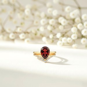 Pear Cut <b>Garnet</b> Engagement <b>Ring</b> V Chevron Band Natural Red Gemstone <b>Ring</b> 925 Sterling <b>Silver</b> 18K Gold Filled Promise Jewelry - Product Image 6