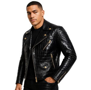 Veste moto en cuir PU noir pour homme, effet crocodile, avec fermetures éclair dorées, coupe ajustée, col rabattu, style automne - Product Image 3