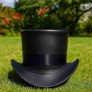 Premium quality custom Handmade Black Leather Top <b>Hat</b> with blue Lining Steampunk Gothic Cosplay - Product Image 1
