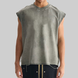 Camiseta sin mangas para hombre con ojales, 100% algodón lavado, cuello redondo, estilo moderno para verano, fabricante y proveedor mayorista OEM - Product Image 1