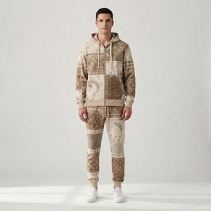 <b>Men</b>’s Vintage Patchwork Printed Zip-Up Hoodie & Jogger Tracksuit <b>Set</b> Casual Streetwear Loungewear - Product Image 1