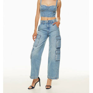 Pantalones Vaqueros Cargo de Cintura Alta para Mujer, Estilo Utilitario, Lavado a la Piedra, Largura al Tobillo, con Bolsillos, Jeans de Moda de Verano - Product Image 1