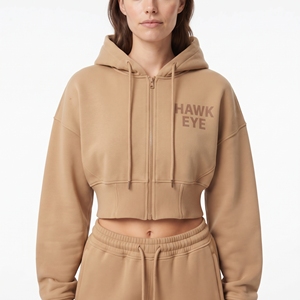 Ensemble décontracté deux pièces pour femme : sweat à capuche court beige à épaules tombantes et fermeture éclair intégrale, et pantalon de jogging large à manches longues avec cordon de serrage - Product Image 2