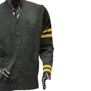 University Custom <b>Men</b> Knitted <b>Cardigan</b> Sweater <b>Black</b> Yellow Varsity V-Neck OEM Striped Sleeve <b>Mens</b> college style knitwear - Product Image 5