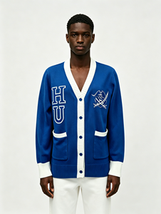 Women's Blue Knitted Cardigan V-Neck Full Sleeve Embroidered Letter HU Pirate Logo Preppy Style All Seasons Wear - Product Image 4
