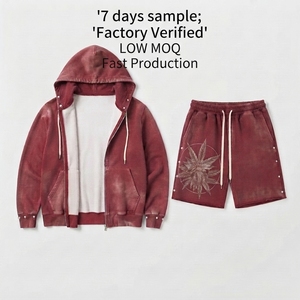 Conjunto de Sudadera con Capucha y Pantalones Cortos Acampanados Unisex de Algodón 100% Transpirable, Estilo Streetwear Personalizado, Efecto Desgastado por el Sol, Lavado Ácido, Liso - Product Image 5
