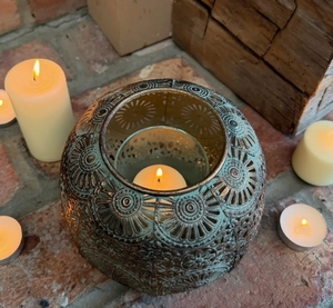 Antique Verdigris Metal Candle Holder Moroccan Style Cutout <b>Tealight</b> Votive Bowl Decorative Tabletop <b>Lantern</b> for Home Decor - Product Image 2