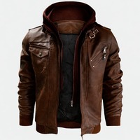 Blouson moto homme hiver à manches longues en PU marron café avec capuche, fermeture éclair, col montant, décontracté, écologique et réversible