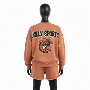 Ensemble sweat-shirt et short en molleton de coton brossé lourd pour femme, marron, avec logo graphique en relief - Product Image 2