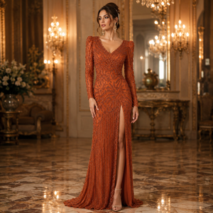 Luxury Modern for <b>Sequin</b> Natural Waistline Evening Gown Women Long Sleeve V Neck Formal Party Beaded Maxi Wedding Prom Dress - Product Image 4